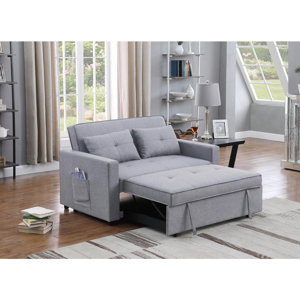 Zoey Light Gray Linen Convertible Sleeper Loveseat with Side Pocket. Picture 4