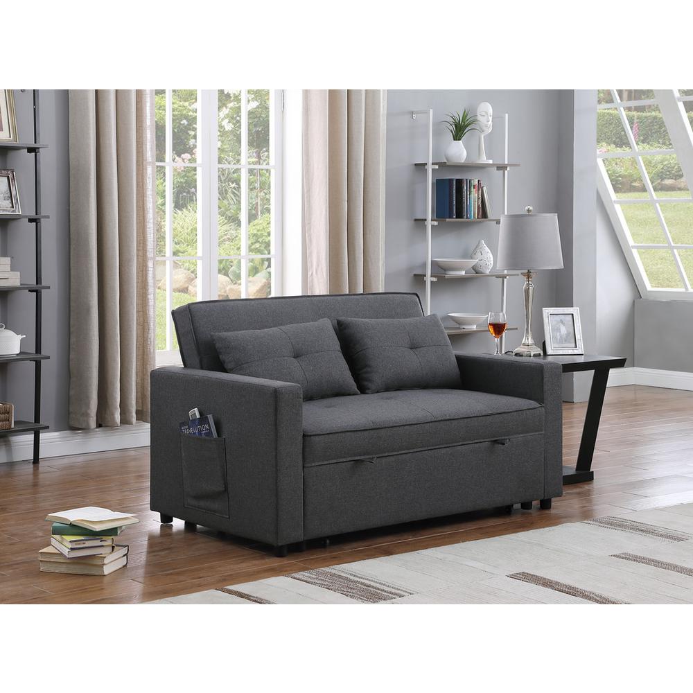 Zoey Dark Gray Linen Convertible Sleeper Loveseat with Side Pocket. Picture 7