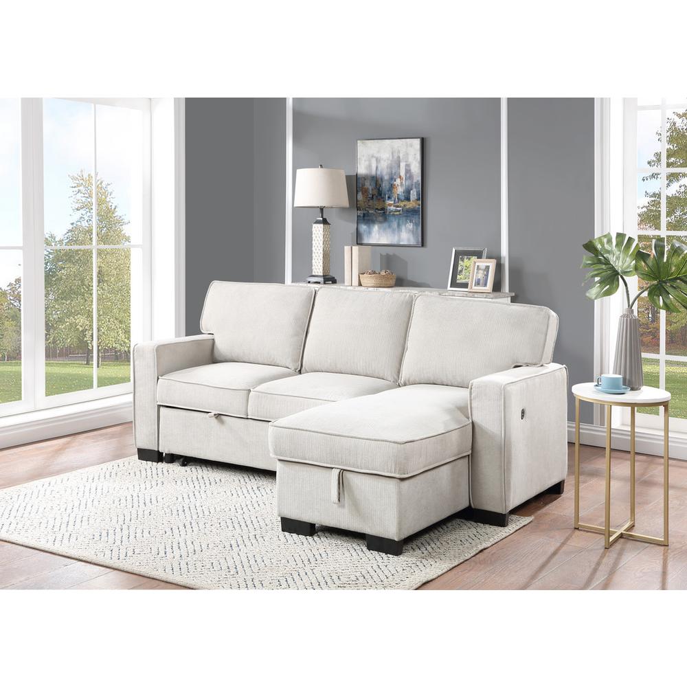 Estelle Beige Fabric Reversible Sleeper Sectional with Storage Chaise Drop-Down Table 2 Cup Holders and 2USB Ports. Picture 3