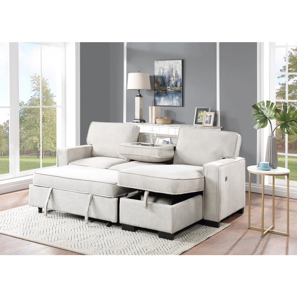 Estelle Beige Fabric Reversible Sleeper Sectional with Storage Chaise Drop-Down Table 2 Cup Holders and 2USB Ports. Picture 4