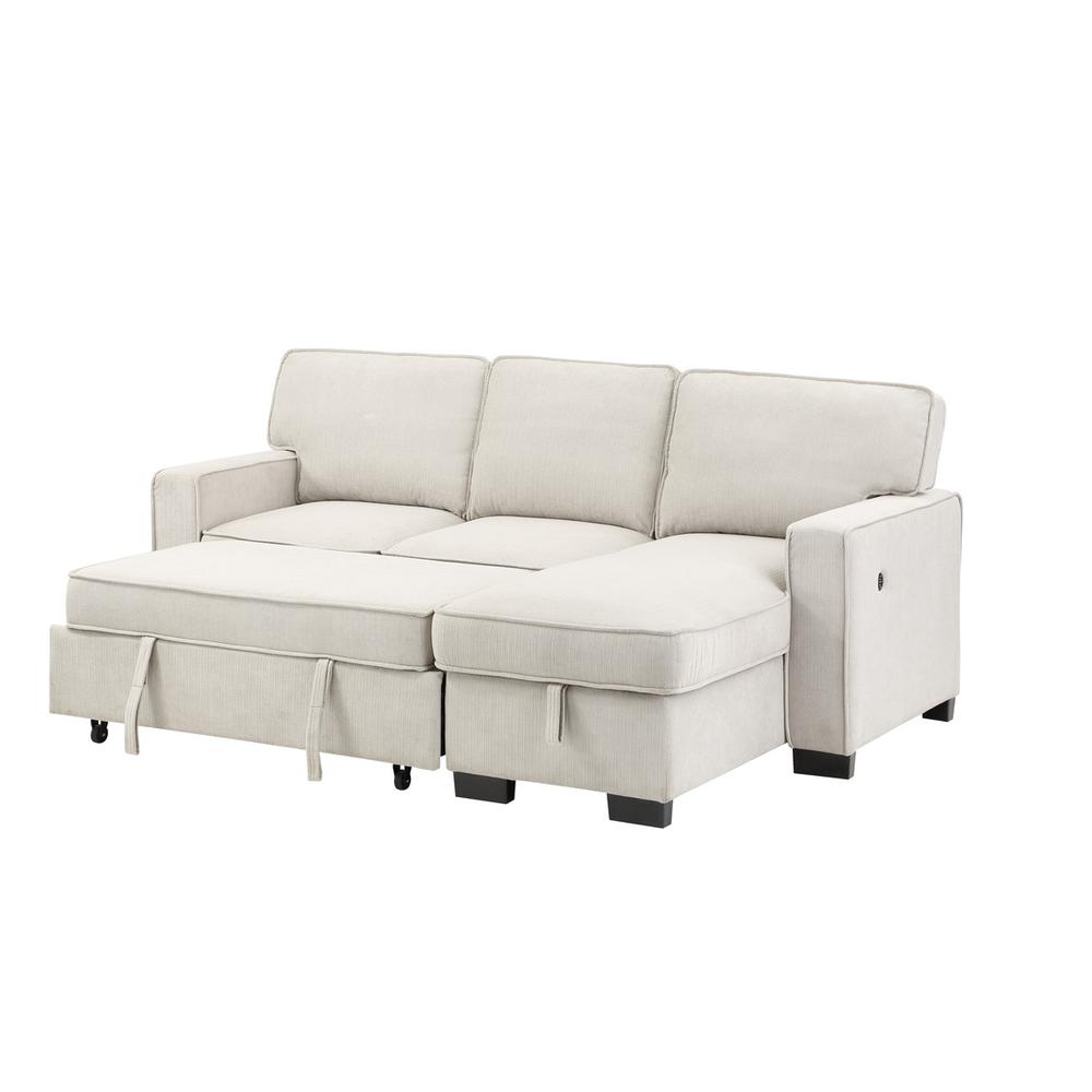 Estelle Beige Fabric Reversible Sleeper Sectional with Storage Chaise Drop-Down Table 2 Cup Holders and 2USB Ports. Picture 6