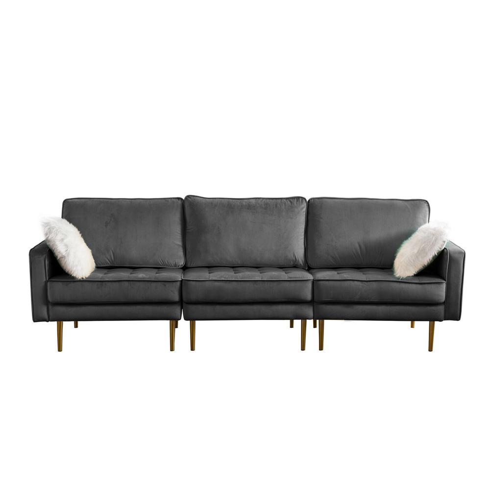 Theo Gray Velvet Sofa Loveseat Chair Living Room Set with Pillows. Picture 2
