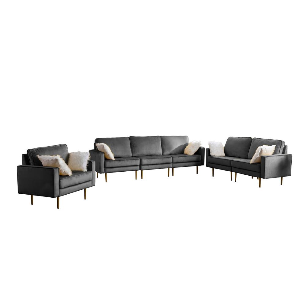 Theo Gray Velvet Sofa Loveseat Chair Living Room Set with Pillows. The main picture.