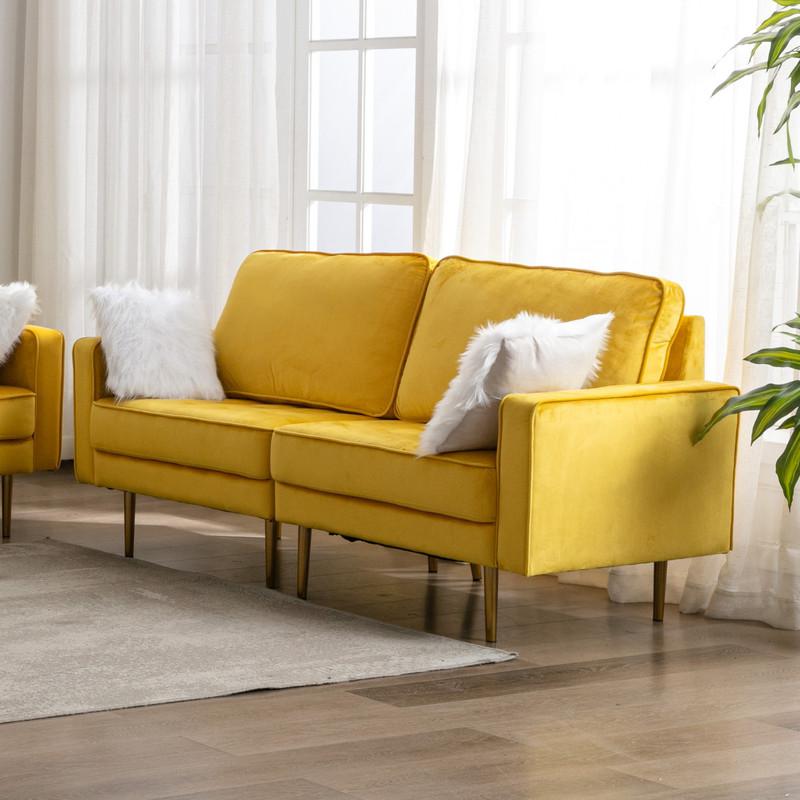 Theo Yellow Velvet Loveseat with Pillows. Picture 3