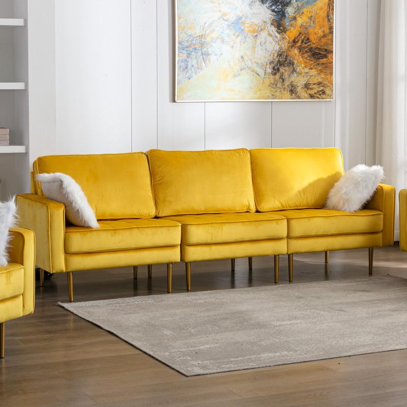 Theo Yellow Velvet Sofa with Pillows. Picture 4