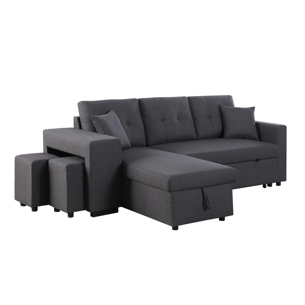 Dennis Dark Gray Linen Fabric Reversible Sleeper Sectional with Storage Chaise and 2 Stools. Picture 11