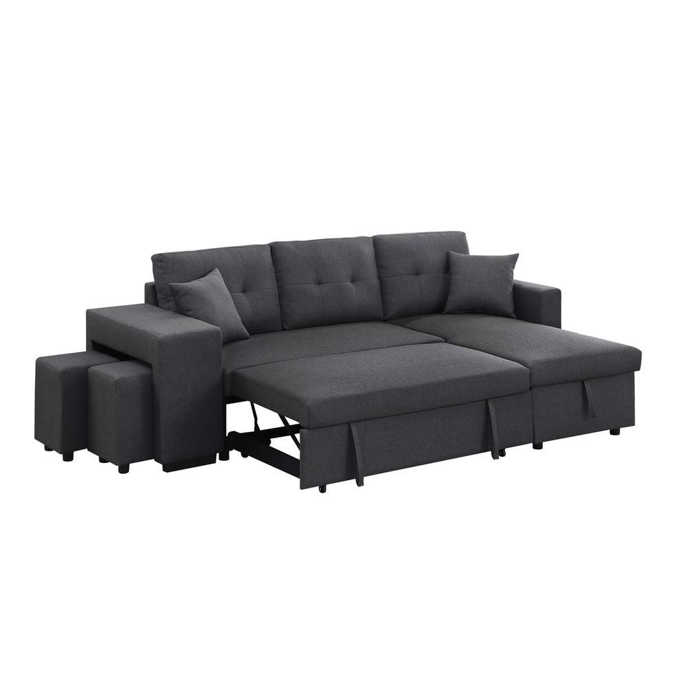 Dennis Dark Gray Linen Fabric Reversible Sleeper Sectional with Storage Chaise and 2 Stools. Picture 12