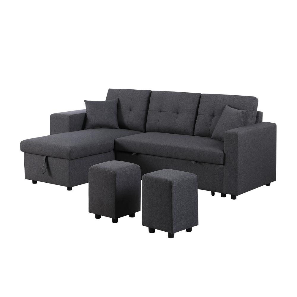 Dennis Dark Gray Linen Fabric Reversible Sleeper Sectional with Storage Chaise and 2 Stools. Picture 13
