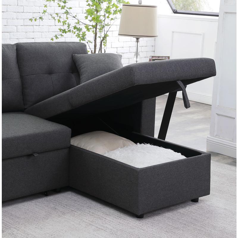 Dennis Dark Gray Linen Fabric Reversible Sleeper Sectional with Storage Chaise and 2 Stools. Picture 9