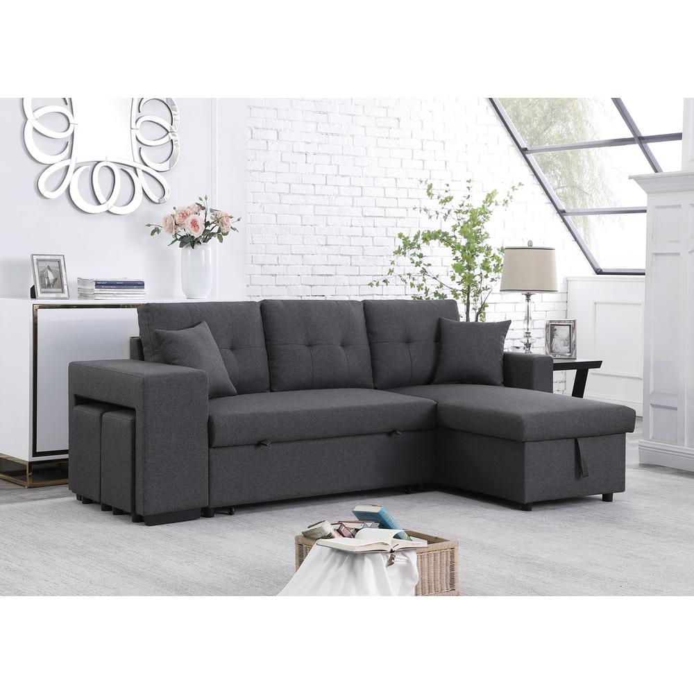 Dennis Dark Gray Linen Fabric Reversible Sleeper Sectional with Storage Chaise and 2 Stools. Picture 2