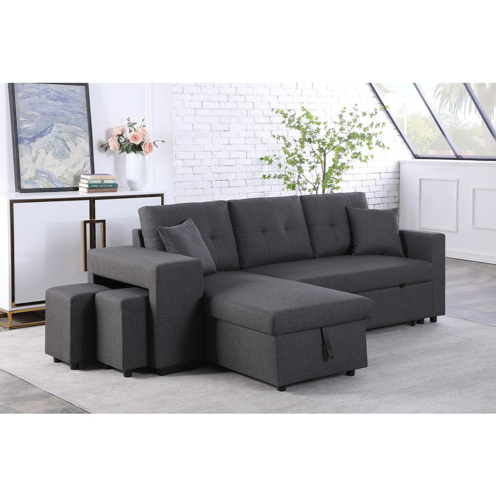 Dennis Dark Gray Linen Fabric Reversible Sleeper Sectional with Storage Chaise and 2 Stools. Picture 3