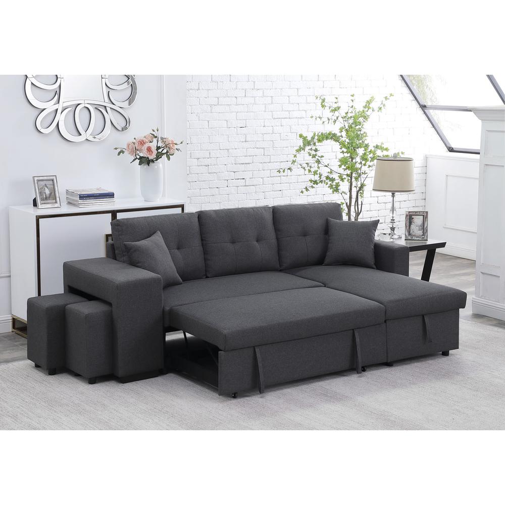 Dennis Dark Gray Linen Fabric Reversible Sleeper Sectional with Storage Chaise and 2 Stools. Picture 4