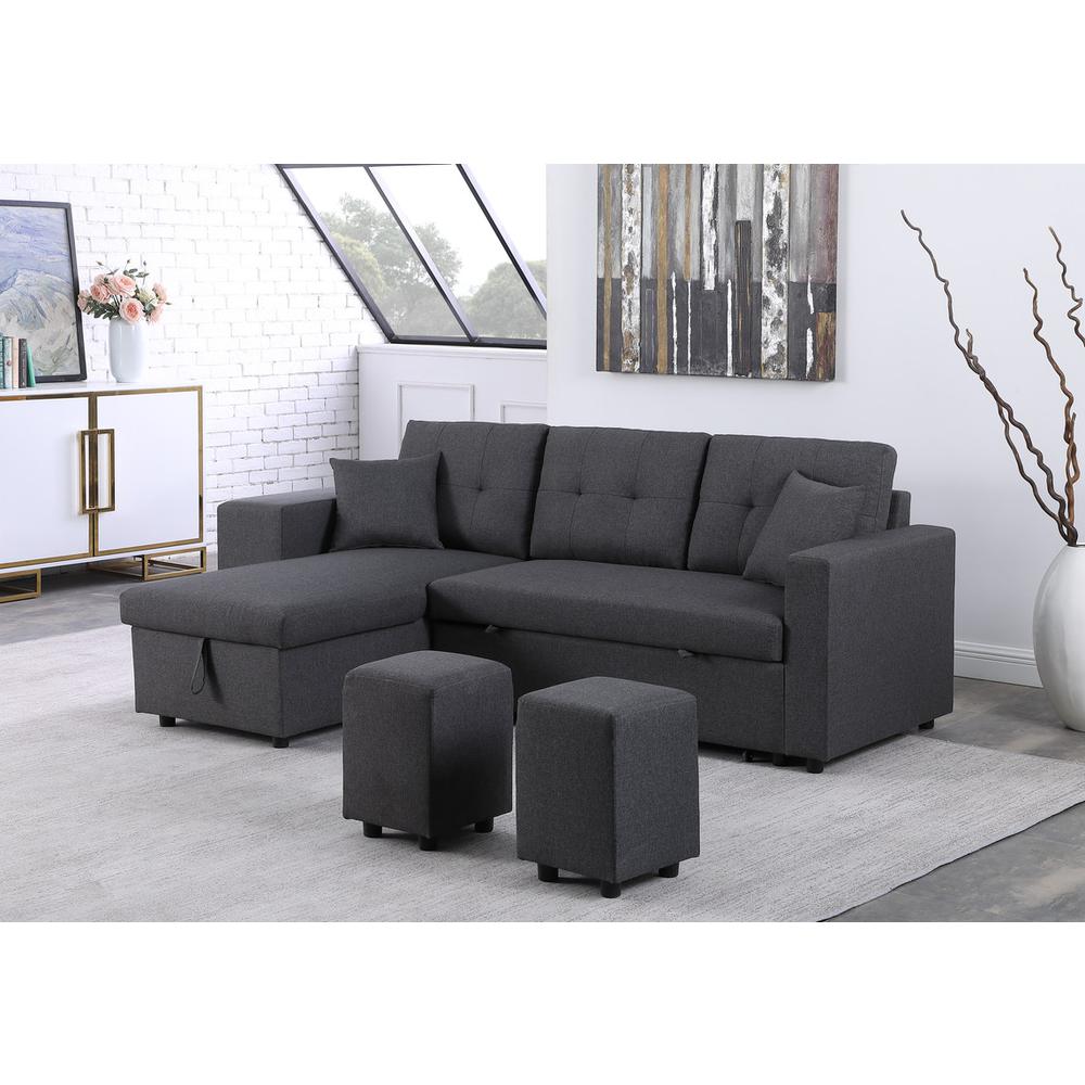 Dennis Dark Gray Linen Fabric Reversible Sleeper Sectional with Storage Chaise and 2 Stools. Picture 5