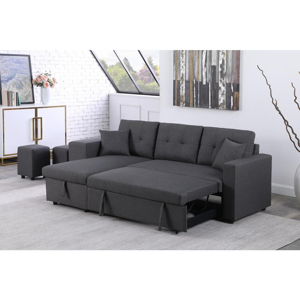 Dennis Dark Gray Linen Fabric Reversible Sleeper Sectional with Storage Chaise and 2 Stools. Picture 6