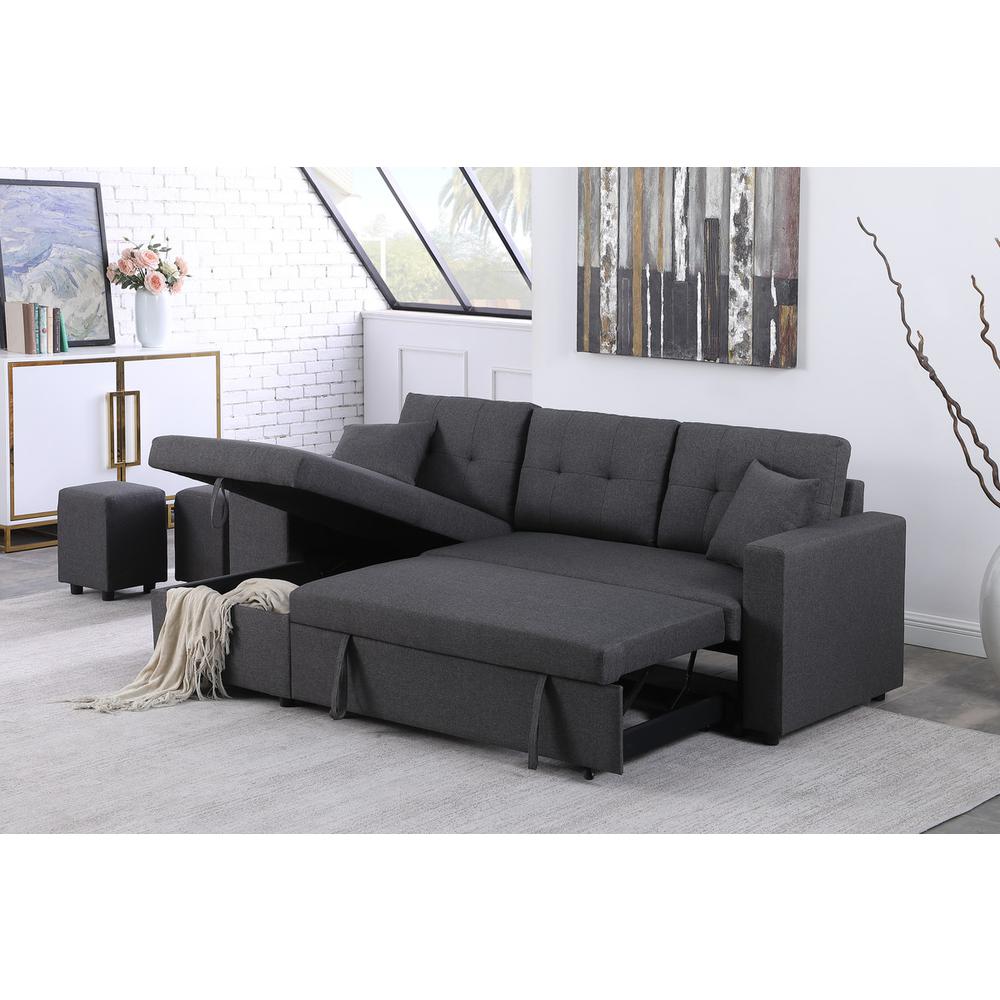 Dennis Dark Gray Linen Fabric Reversible Sleeper Sectional with Storage Chaise and 2 Stools. Picture 7