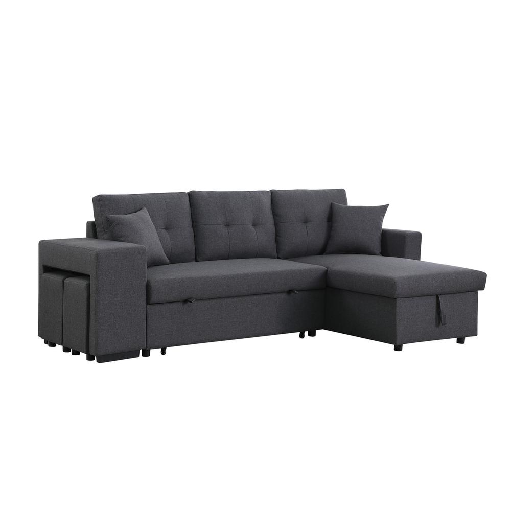 Dennis Dark Gray Linen Fabric Reversible Sleeper Sectional with Storage Chaise and 2 Stools. Picture 1