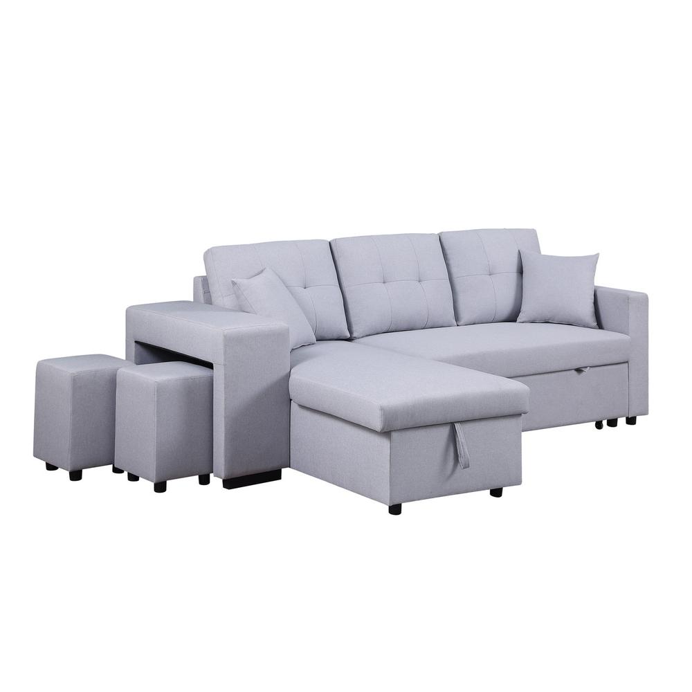 Dennis Light Gray Linen Fabric Reversible Sleeper Sectional with Storage Chaise and 2 Stools. Picture 11