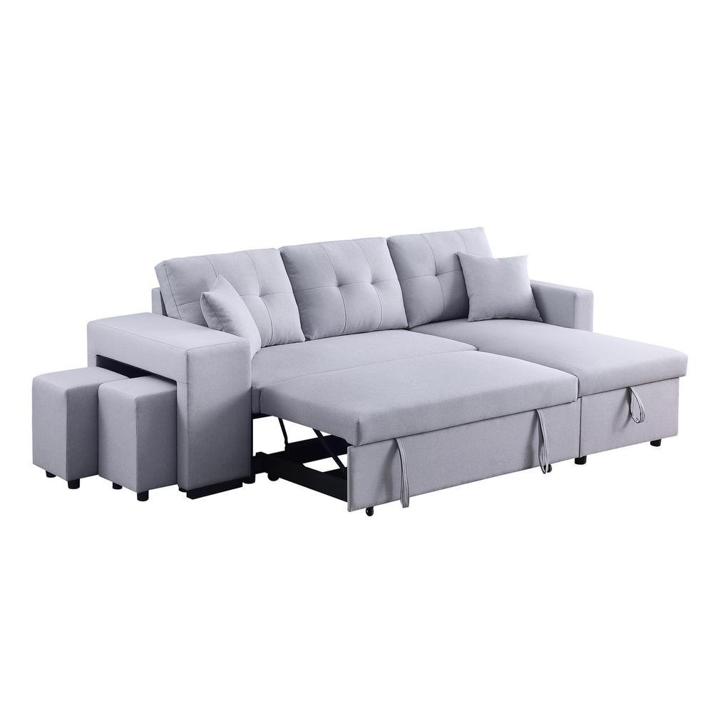 Dennis Light Gray Linen Fabric Reversible Sleeper Sectional with Storage Chaise and 2 Stools. Picture 12