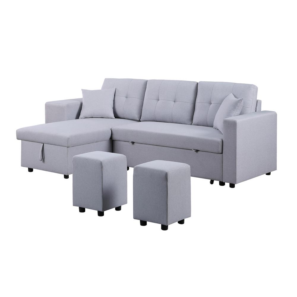 Dennis Light Gray Linen Fabric Reversible Sleeper Sectional with Storage Chaise and 2 Stools. Picture 13