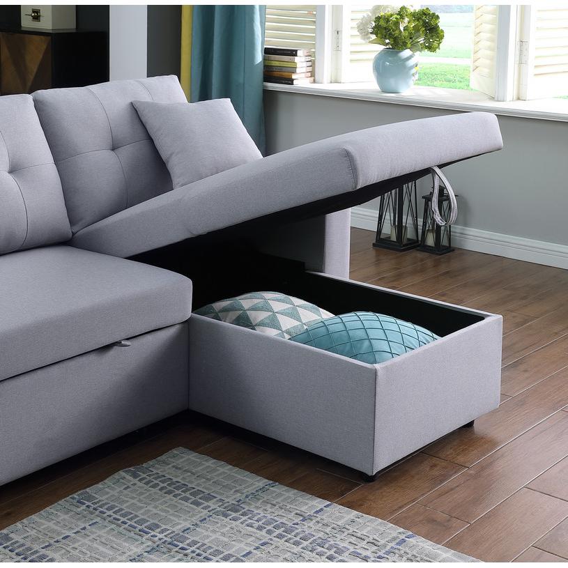 Dennis Light Gray Linen Fabric Reversible Sleeper Sectional with Storage Chaise and 2 Stools. Picture 9