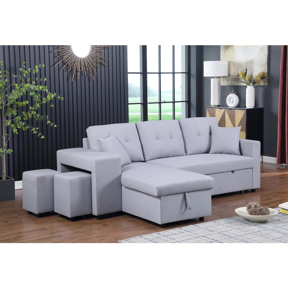 Dennis Light Gray Linen Fabric Reversible Sleeper Sectional with Storage Chaise and 2 Stools. Picture 3