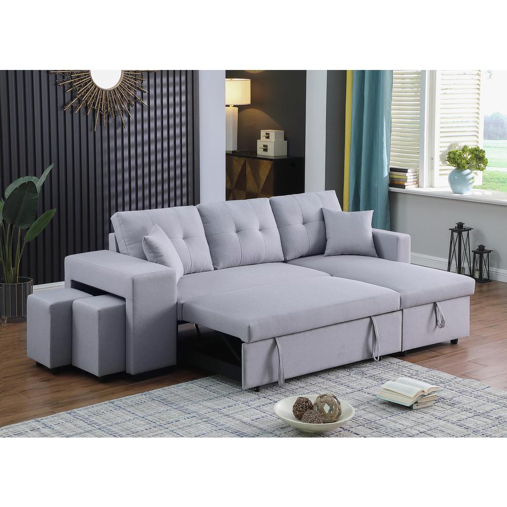 Dennis Light Gray Linen Fabric Reversible Sleeper Sectional with Storage Chaise and 2 Stools. Picture 4