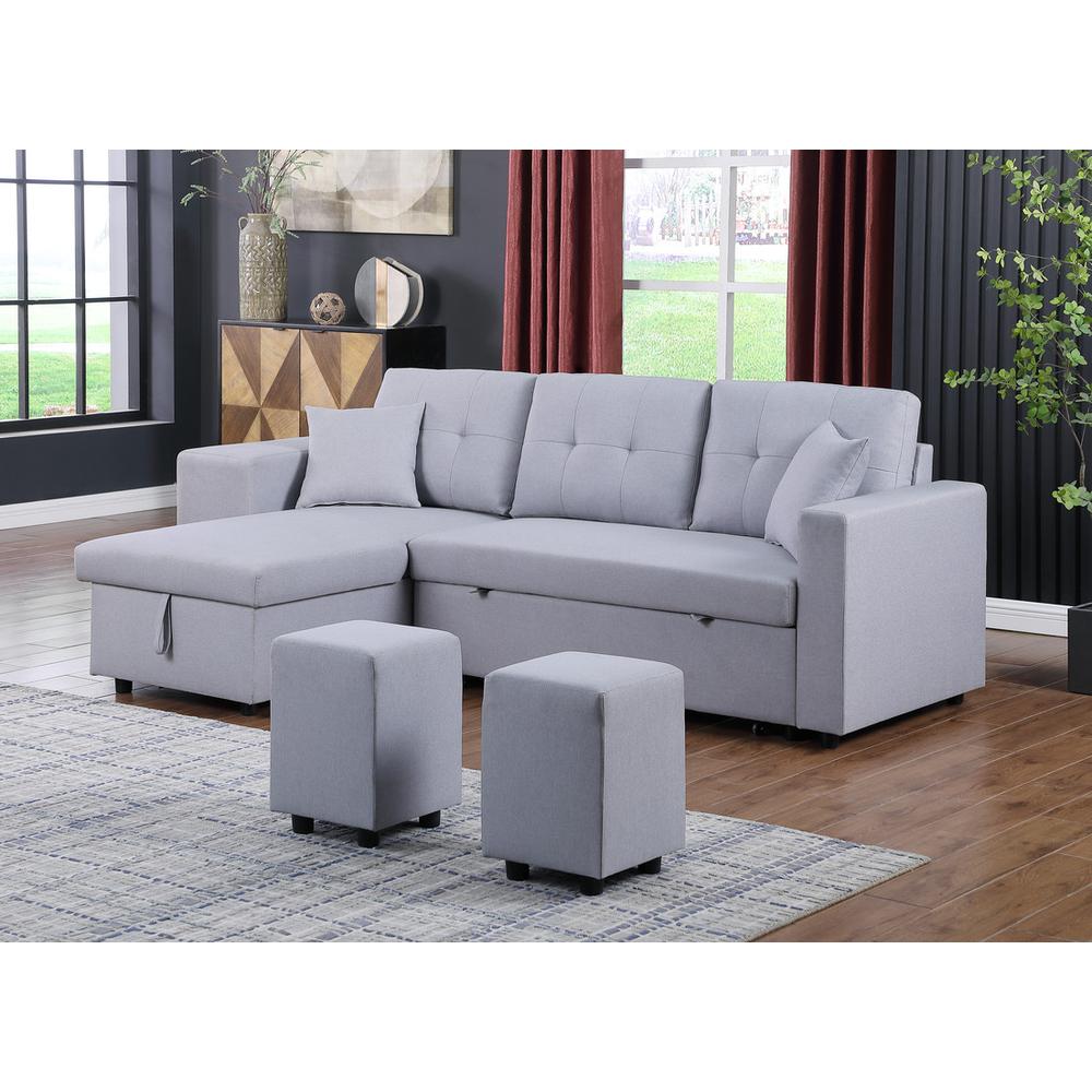 Dennis Light Gray Linen Fabric Reversible Sleeper Sectional with Storage Chaise and 2 Stools. Picture 5