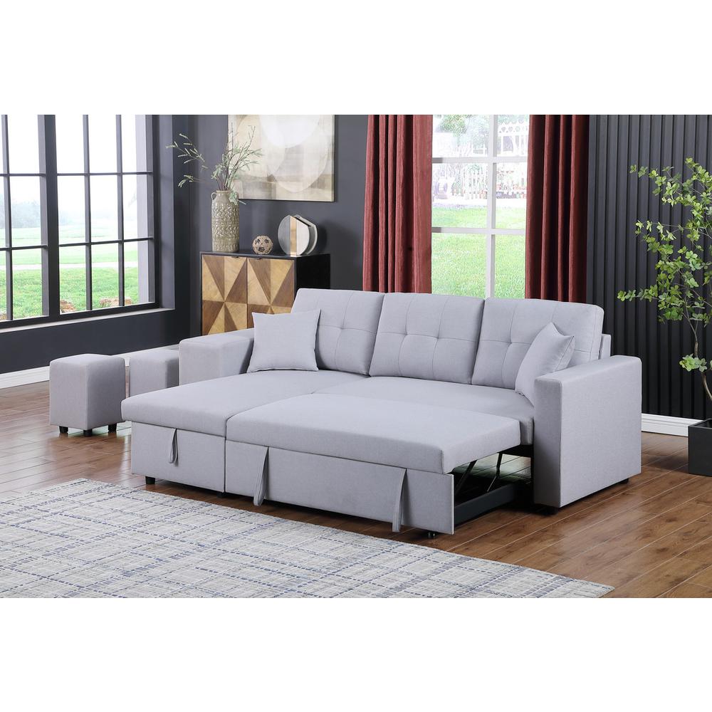 Dennis Light Gray Linen Fabric Reversible Sleeper Sectional with Storage Chaise and 2 Stools. Picture 6