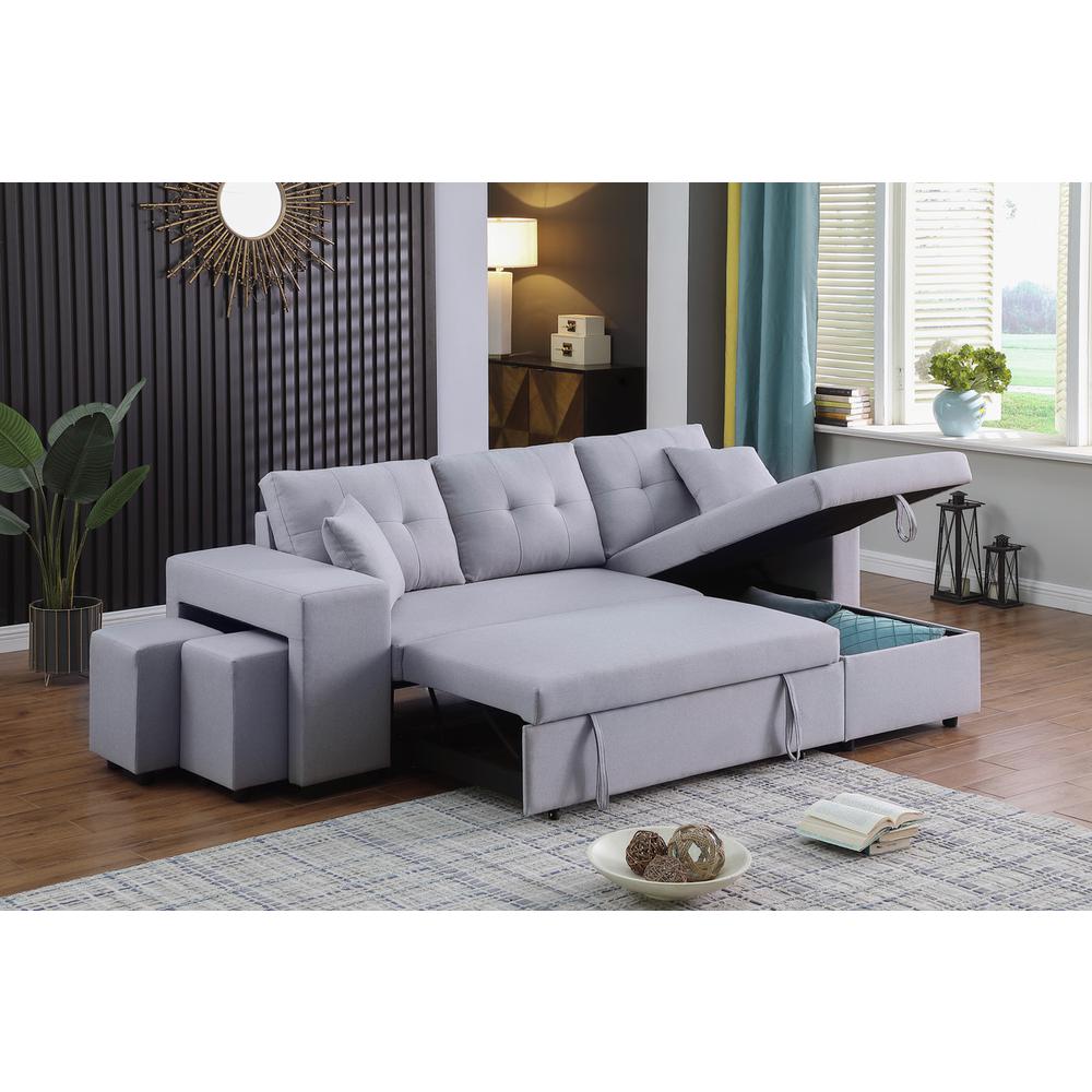 Dennis Light Gray Linen Fabric Reversible Sleeper Sectional with Storage Chaise and 2 Stools. Picture 8
