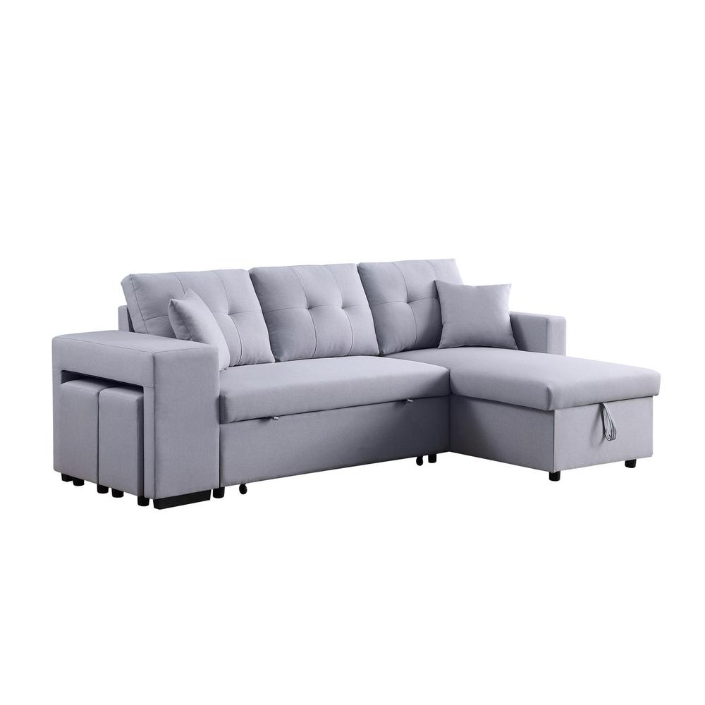Dennis Light Gray Linen Fabric Reversible Sleeper Sectional with Storage Chaise and 2 Stools. Picture 1