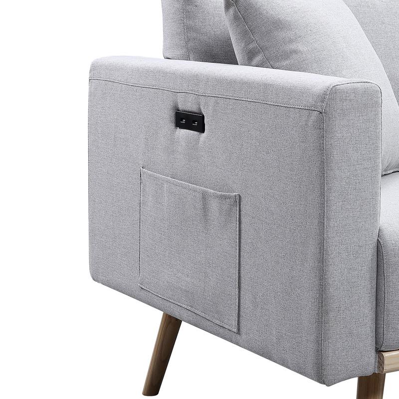 Easton Light Gray Linen Fabric Chair with USB Charging Ports Pockets & Pillows. Picture 5
