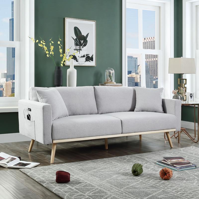 Easton Light Gray Linen Fabric Sofa with USB Charging Ports Pockets & Pillows. Picture 6