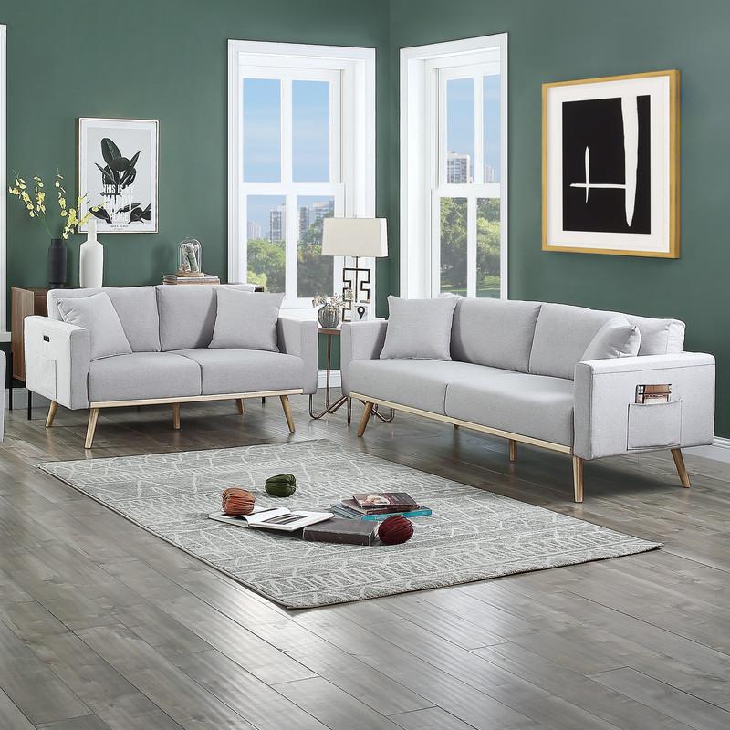 Easton Light Gray Linen Fabric Sofa Loveseat Living Room Set with USB Charging Ports Pockets & Pillows. Picture 4