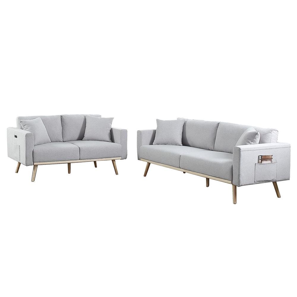 Easton Light Gray Linen Fabric Sofa Loveseat Living Room Set with USB Charging Ports Pockets & Pillows. Picture 1
