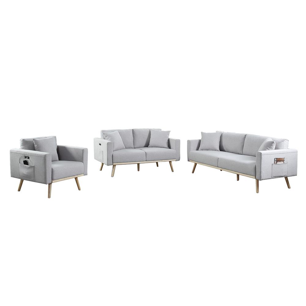 Easton Light Gray Linen Fabric Sofa Loveseat Chair Living Room Set with USB Charging Ports Pockets & Pillows. Picture 1
