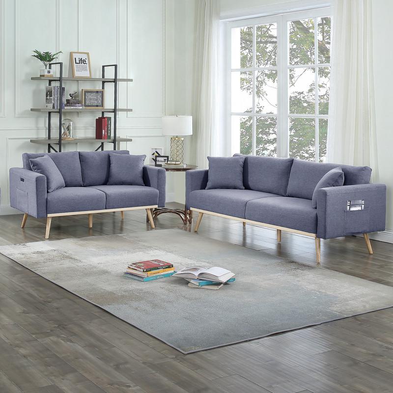 Easton Dark Gray Linen Fabric Sofa Loveseat Living Room Set with USB Charging Ports Pockets & Pillows. Picture 4