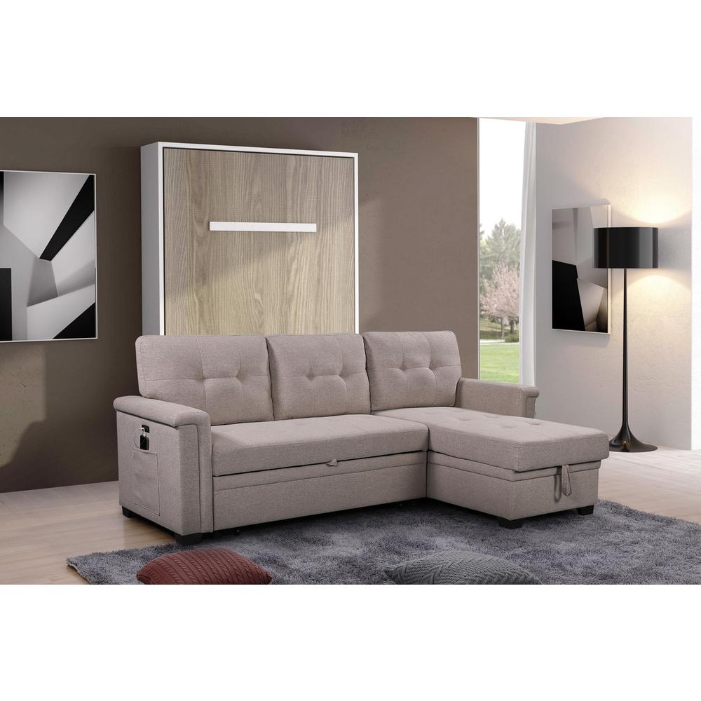 Ashlyn Light Gray Reversible Sleeper Sectional Sofa with Storage Chaise, USB Charging Ports and Pocket. Picture 2