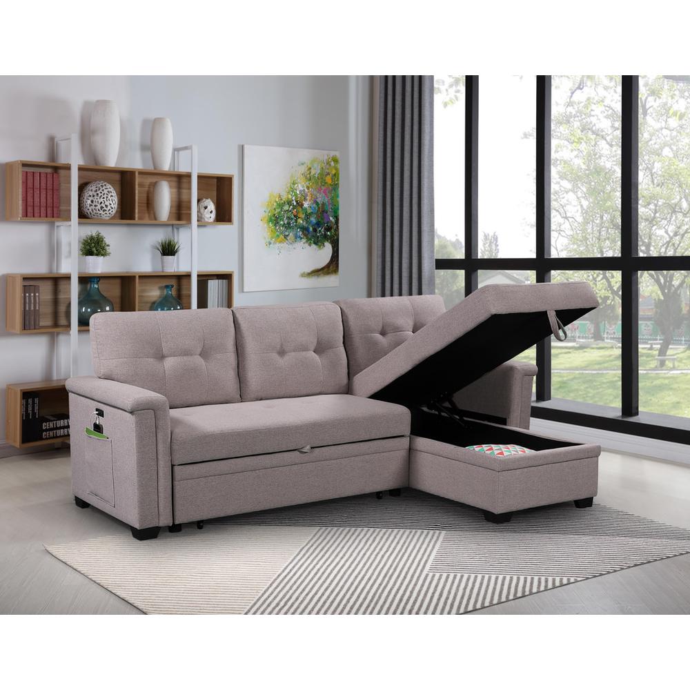 Ashlyn Light Gray Reversible Sleeper Sectional Sofa with Storage Chaise, USB Charging Ports and Pocket. Picture 4