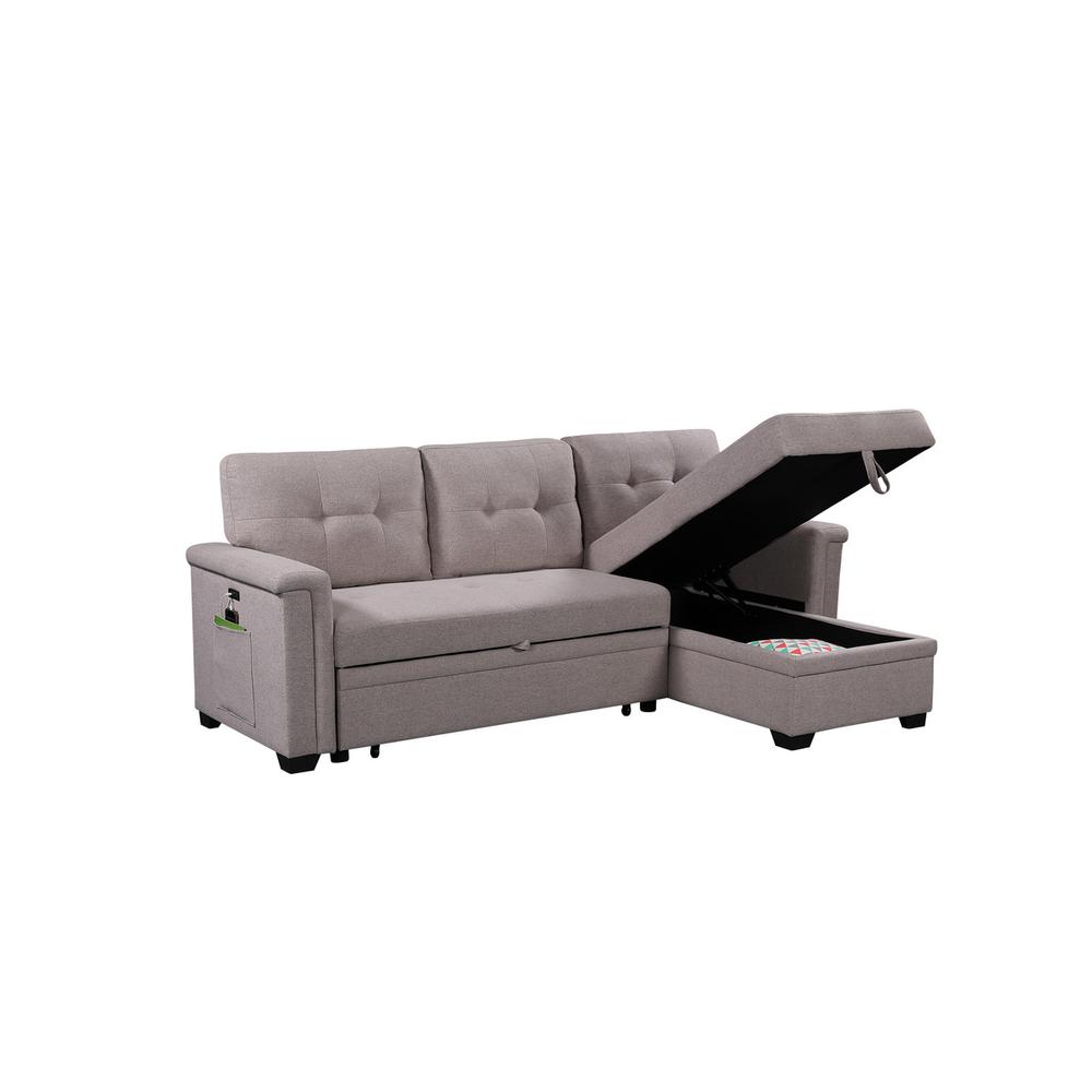 Nathan Light Gray Reversible Sleeper Sectional Sofa with Storage Chaise, USB Charging Ports and Pocket. Picture 3