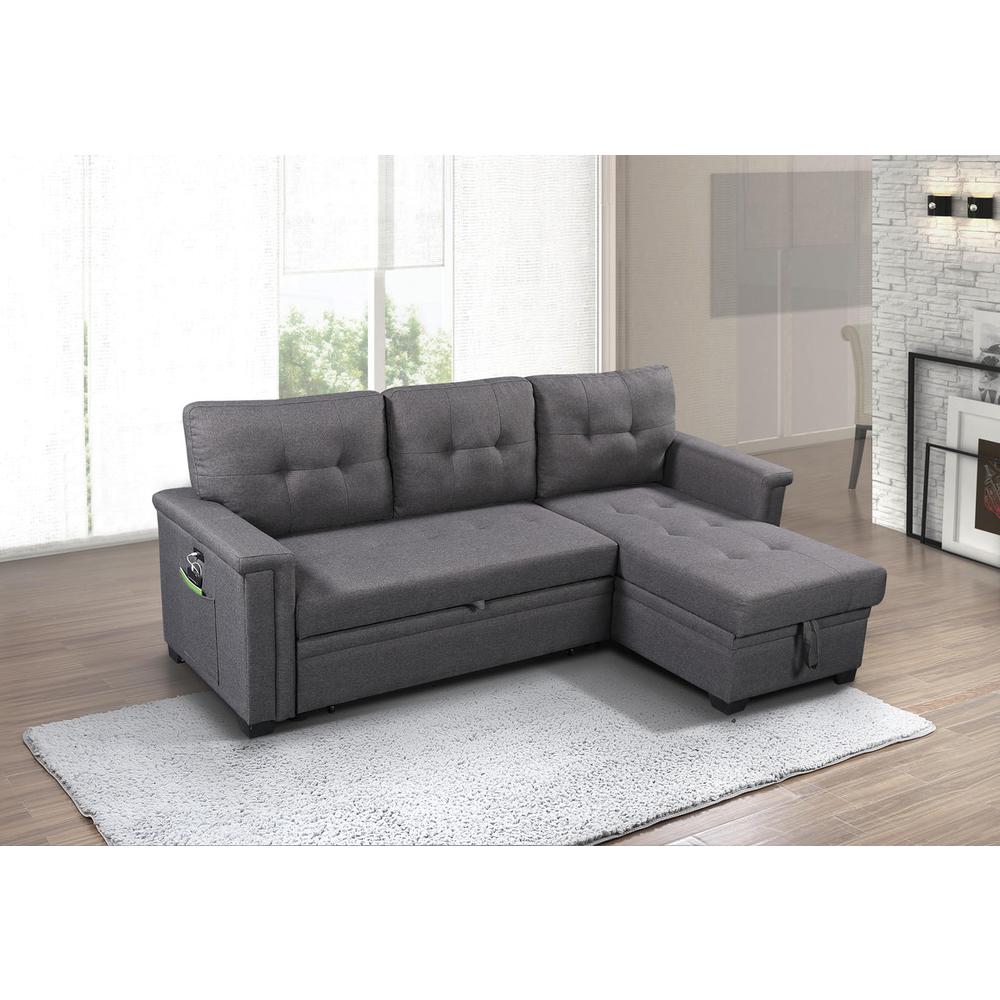 Ashlyn Dark Gray Reversible Sleeper Sectional Sofa with Storage Chaise, USB Charging Ports and Pocket. Picture 2