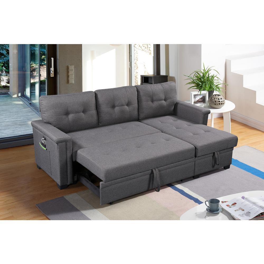 Ashlyn Dark Gray Reversible Sleeper Sectional Sofa with Storage Chaise, USB Charging Ports and Pocket. Picture 3