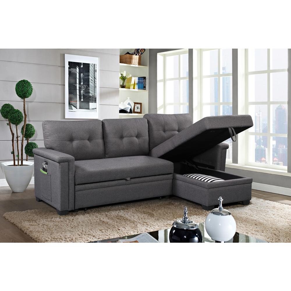 Ashlyn Dark Gray Reversible Sleeper Sectional Sofa with Storage Chaise, USB Charging Ports and Pocket. Picture 5