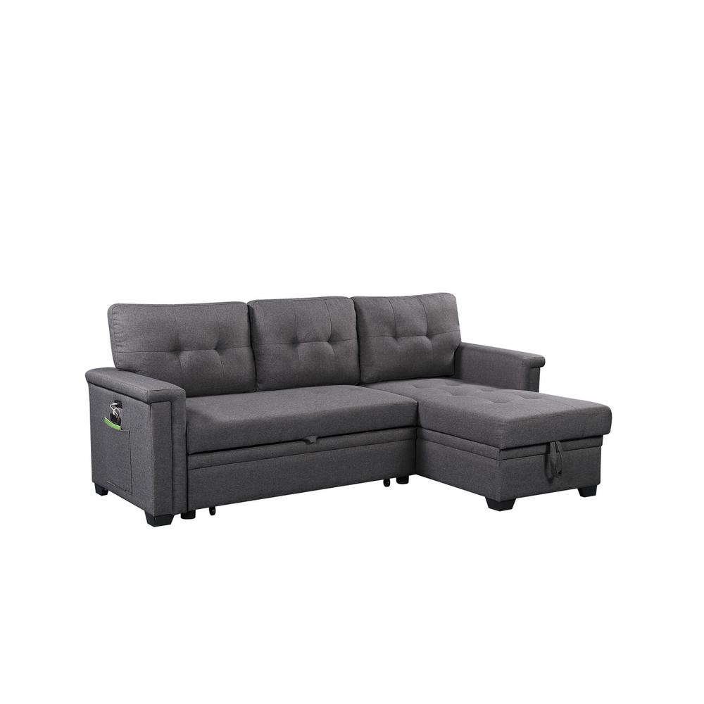 Nathan Dark Gray Reversible Sleeper Sectional Sofa with Storage Chaise, USB Charging Ports and Pocket. Picture 2