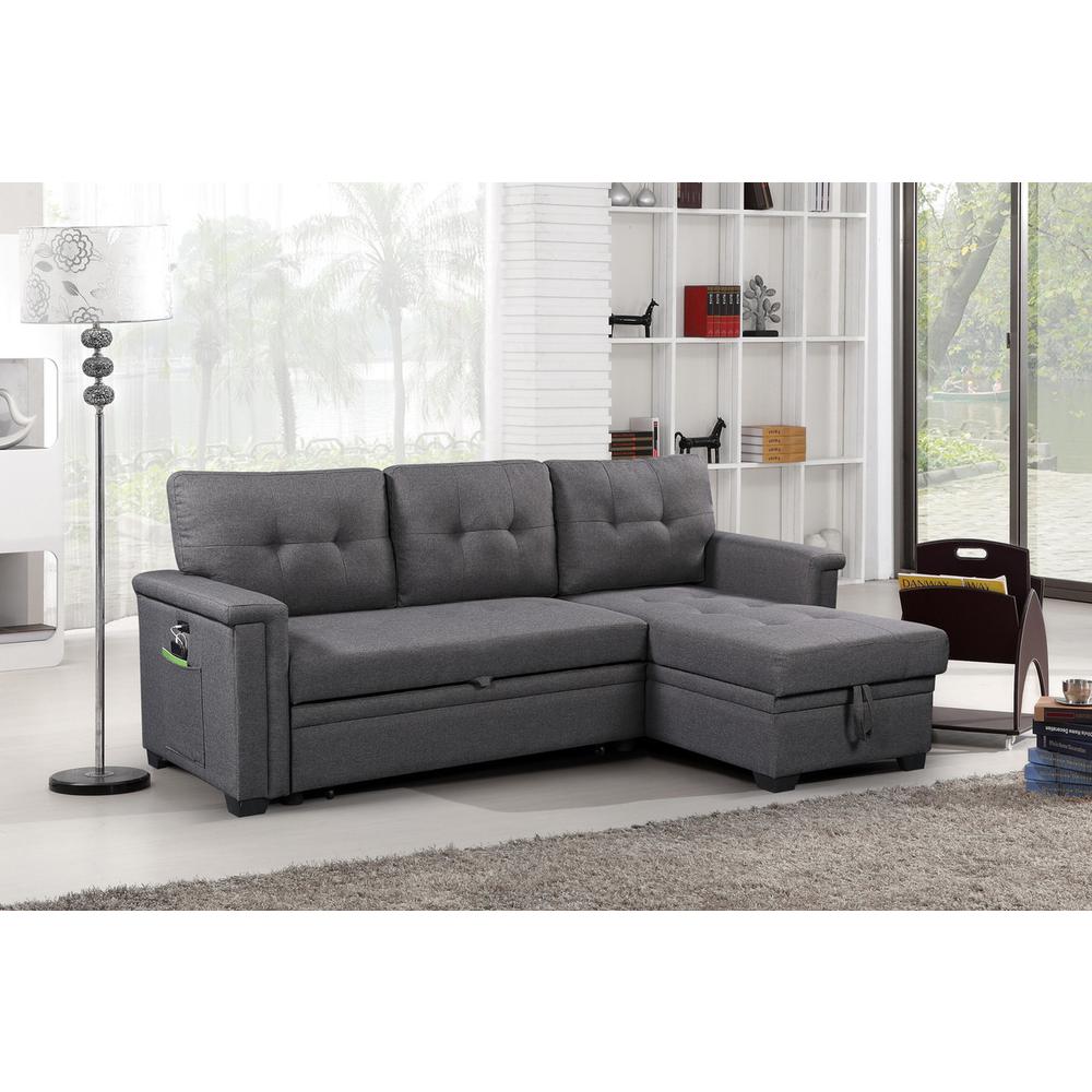 Ashlyn Dark Gray Reversible Sleeper Sectional Sofa with Storage Chaise, USB Charging Ports and Pocket. Picture 9