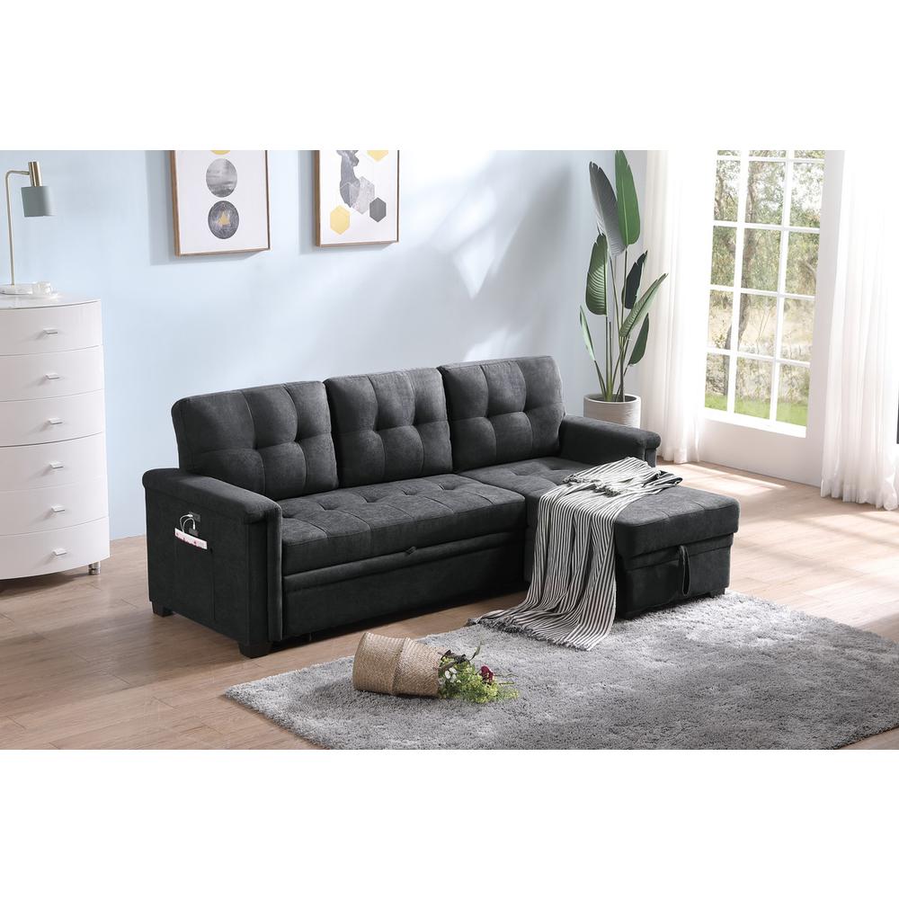 Kinsley Dark Gray Woven Fabric Sleeper Sectional Sofa Chaise with USB Charger and Tablet Pocket. Picture 3