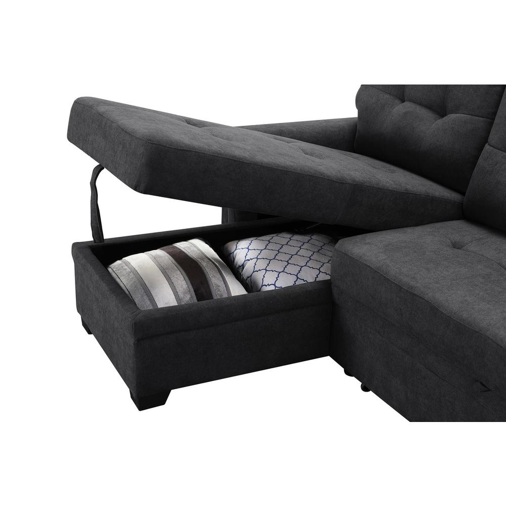 Kinsley Dark Gray Woven Fabric Sleeper Sectional Sofa Chaise with USB Charger and Tablet Pocket. Picture 13
