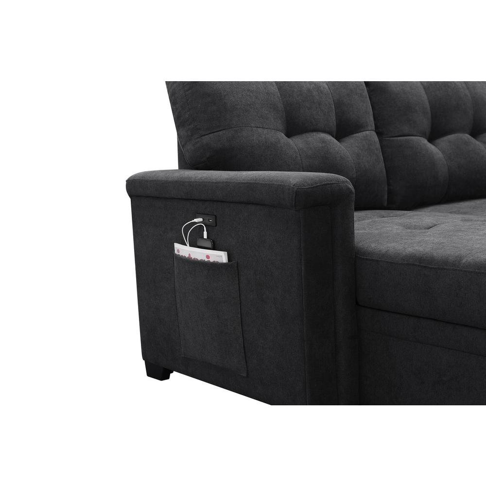 Kinsley Dark Gray Woven Fabric Sleeper Sectional Sofa Chaise with USB Charger and Tablet Pocket. Picture 5