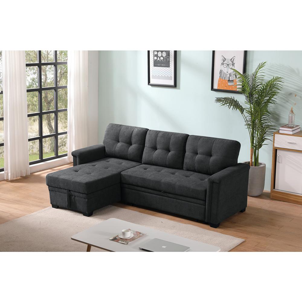 Kinsley Dark Gray Woven Fabric Sleeper Sectional Sofa Chaise with USB Charger and Tablet Pocket. Picture 4