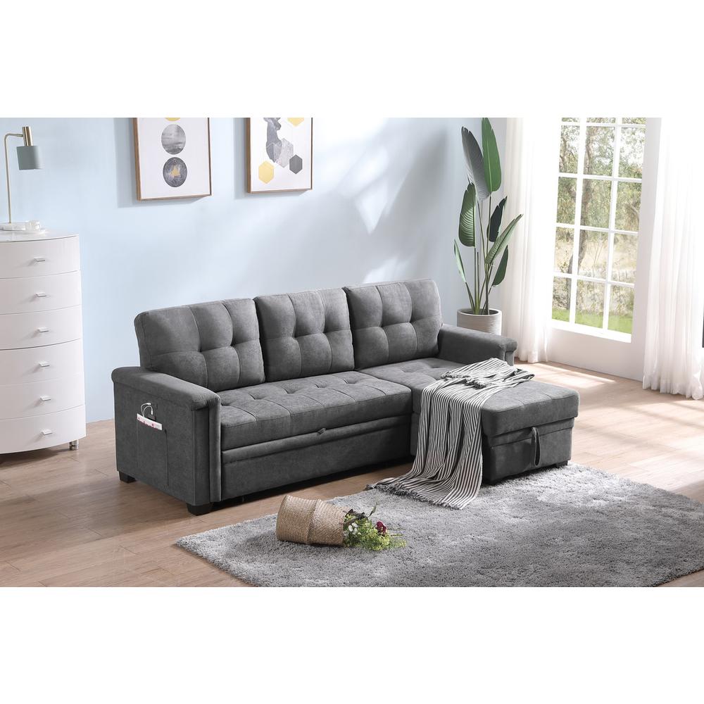 Kinsley Gray Woven Fabric Sleeper Sectional Sofa Chaise with USB Charger and Tablet Pocket. Picture 2
