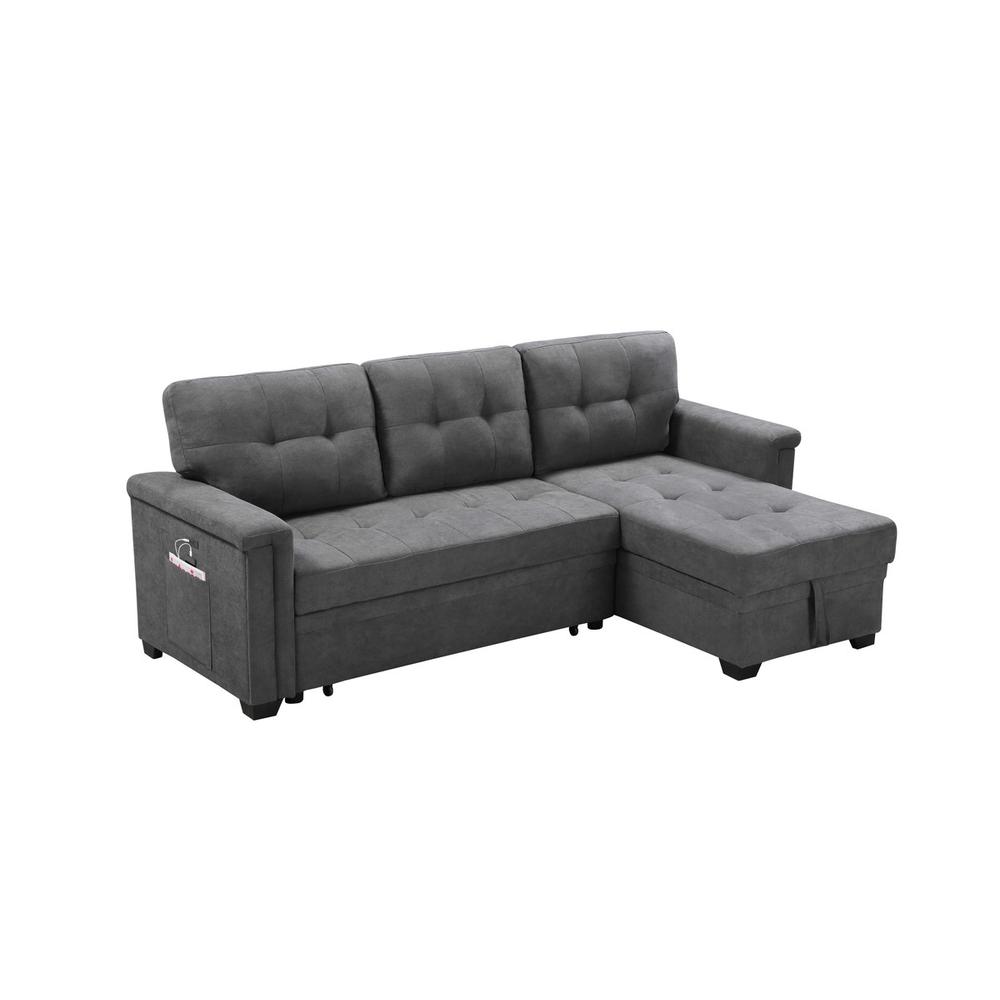 Kinsley Gray Woven Fabric Sleeper Sectional Sofa Chaise with USB Charger and Tablet Pocket. Picture 1